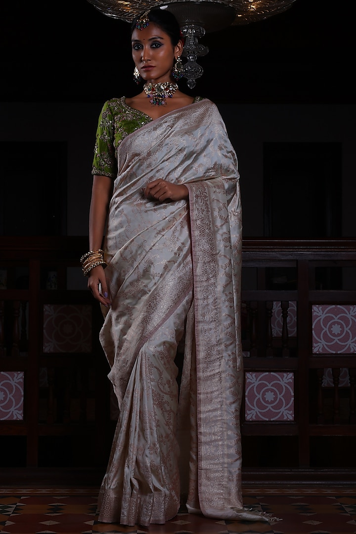Ivory Pure Silk Jaal Work Banarasi Handloom Saree by Kasturi Kundal