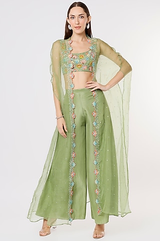 Green Organza Cape Set by Kasturi Tikmani