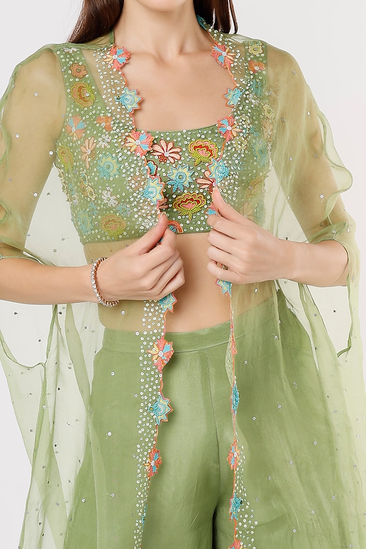 Green Organza Cape Set by Kasturi Tikmani at Pernia's Pop Up Shop