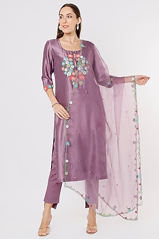 Purple Dupion Silk Kurta Set by Kasturi Tikmani