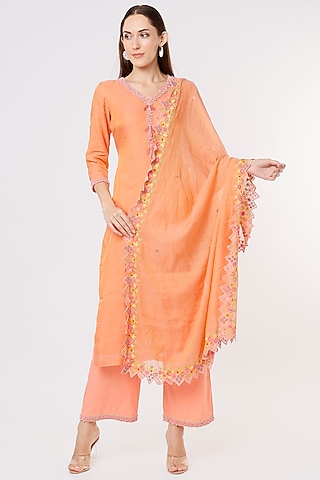 Orange Shimmer Chanderi Kurta Set by Kasturi Tikmani