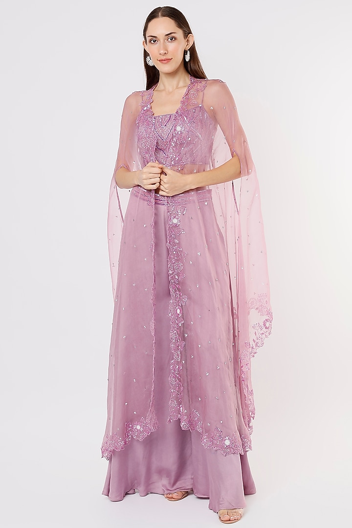 Lavender Dupion Silk Pant Set With Cape by Kasturi Tikmani at Pernia's Pop Up Shop