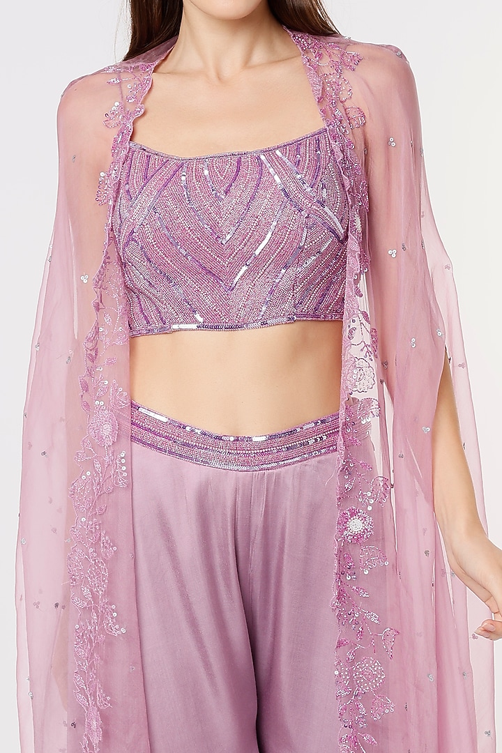 Lavender Dupion Silk Pant Set With Cape by Kasturi Tikmani at Pernia's Pop Up Shop