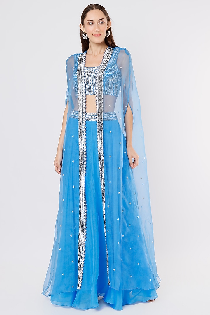 Blue Organza Skirt Set With Cape by Kasturi Tikmani at Pernia's Pop Up Shop