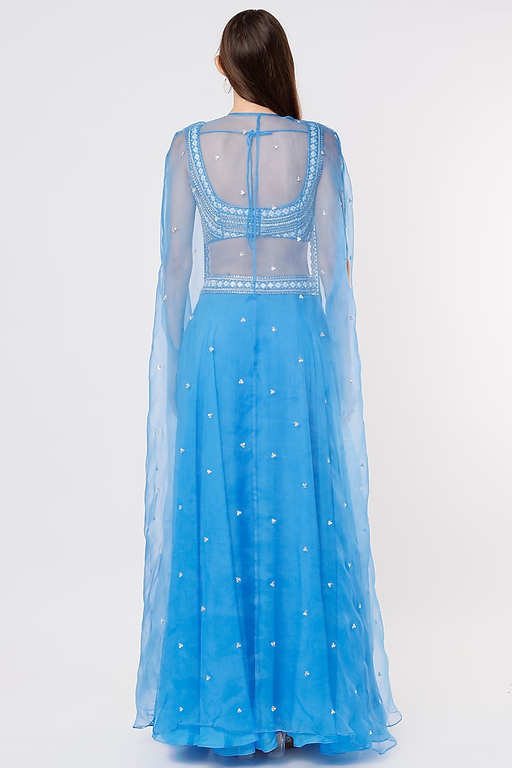 Blue Organza Skirt Set With Cape by Kasturi Tikmani at Pernia's Pop Up Shop