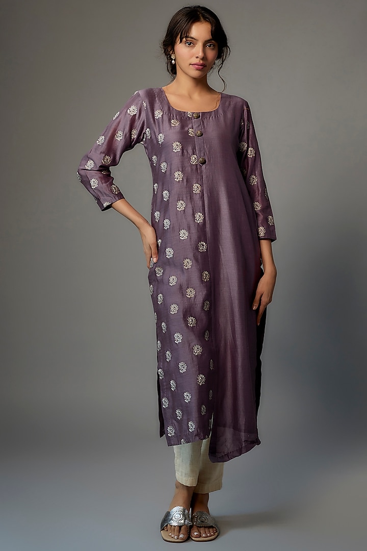 Purple Pure Silk Chanderi Kurta by Kasturi Tikmani at Pernia's Pop Up Shop