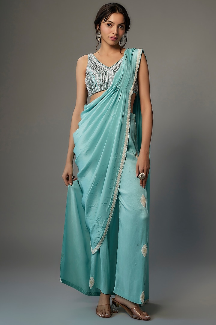 Aqua Blue Pure Habutai Silk Hand Embroidered Saree Set by Kasturi Tikmani at Pernia's Pop Up Shop