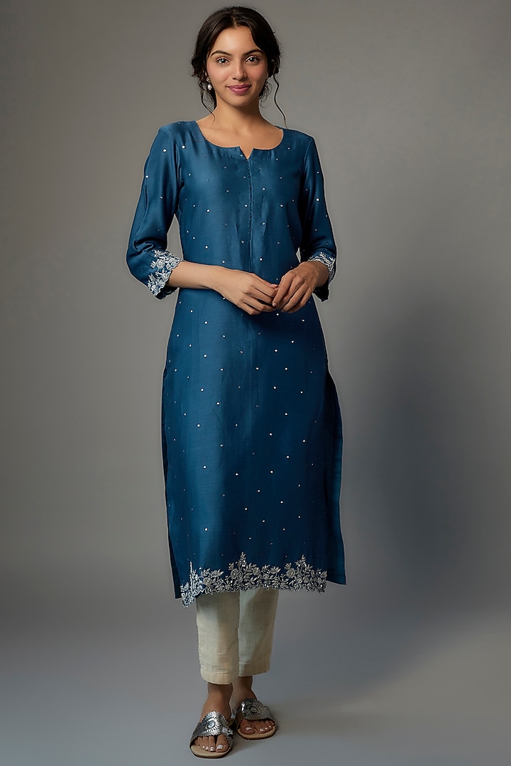 Royal Blue Pure Chanderi Silk Hand Embroidered Kurta by Kasturi Tikmani