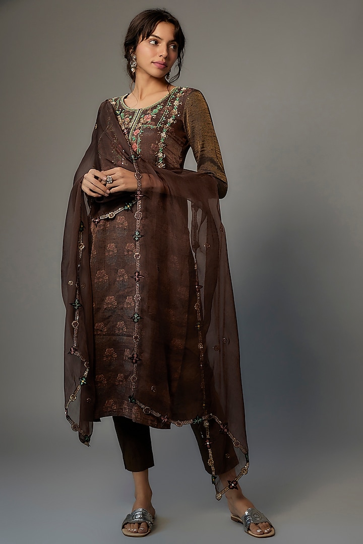 Chocolate Brown Cotton Silk Hand Embroidered Kurta Set by Kasturi Tikmani