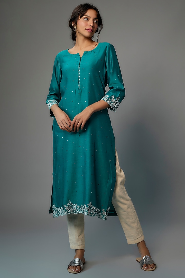 Teal Blue Pure Chanderi Silk Hand Embroidered Kurta by Kasturi Tikmani at Pernia's Pop Up Shop