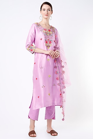Electric Lavender Hand Embroidered Straight Kurta Set by Kasturi Tikmani