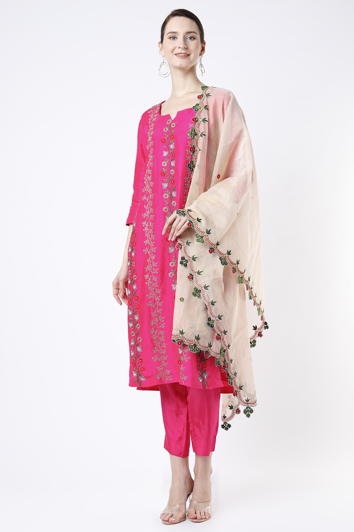 Rani Pink Hand Embroidered Straight Kurta Set by Kasturi Tikmani at Pernia's Pop Up Shop