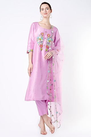 Pale Plum Hand Embroidered Straight Kurta Set by Kasturi Tikmani