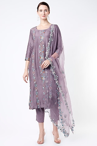 Faded Purple Hand Embroidered Straight Kurta Set by Kasturi Tikmani