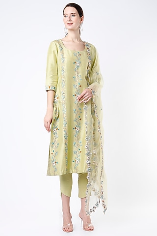 Pale Green Hand Embroidered Straight Kurta Set by Kasturi Tikmani