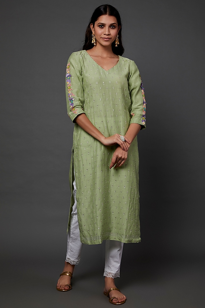 Green Chanderi Kurta by Kasturi Tikmani at Pernia's Pop Up Shop