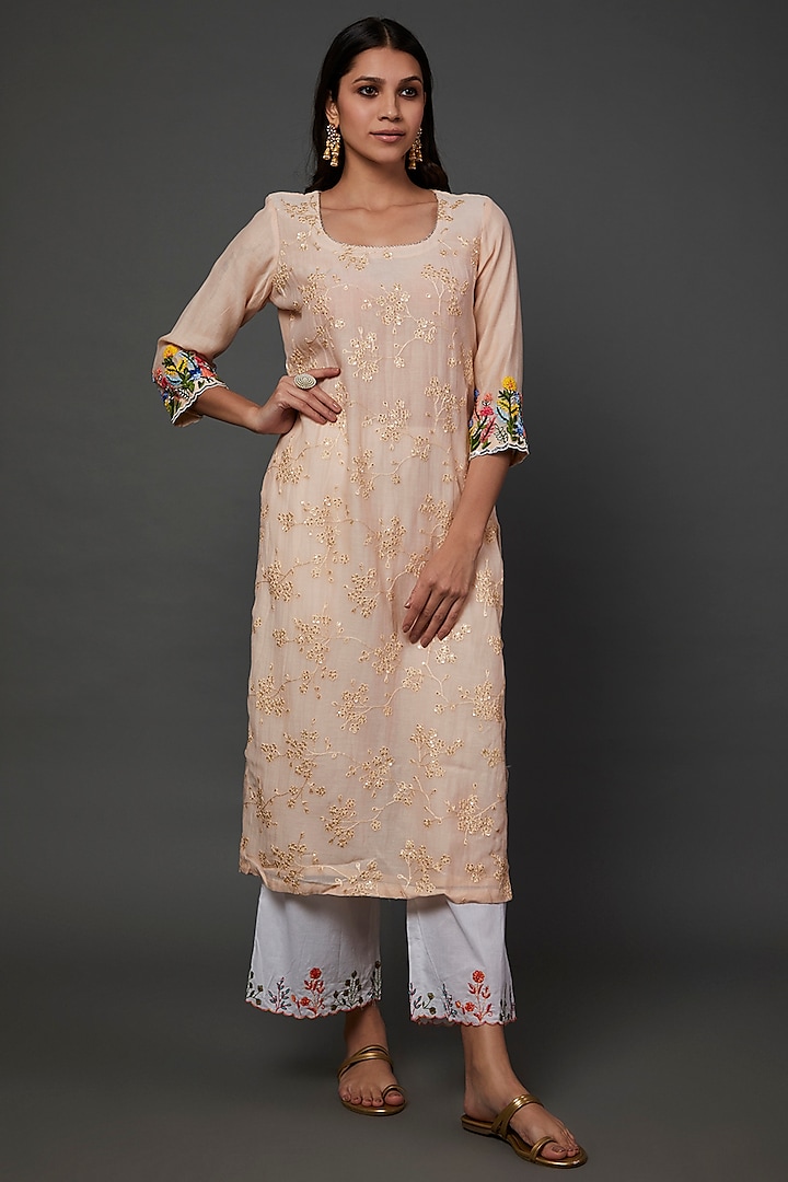 Light Peach Chanderi Silk Kurta by Kasturi Tikmani at Pernia's Pop Up Shop