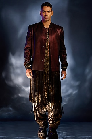 Gold & Copper Metallic Foil Bomber Bandhgala Set by Kunal Anil Tanna