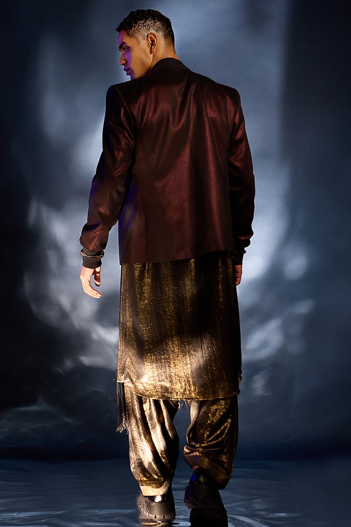 Gold & Copper Metallic Foil Bomber Wedding Bandhgala Set by Kunal Anil Tanna at Pernia's Pop Up Shop