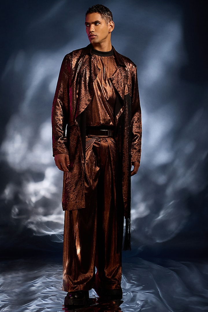 Copper Foil Trench Coat Jacket Set by Kunal Anil Tanna