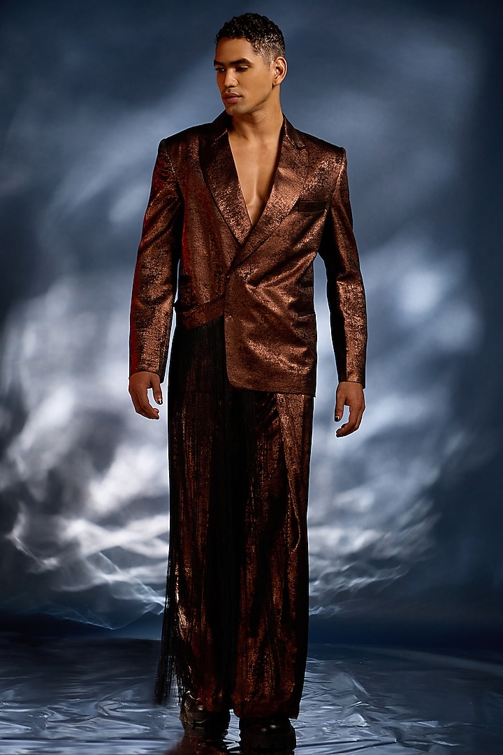 Copper Foil Double-Breasted Jacket Set by Kunal Anil Tanna