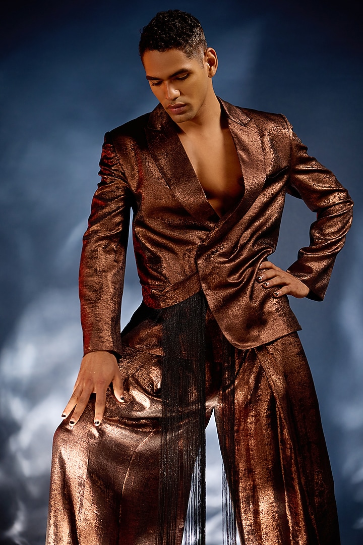 Copper Foil Double-Breasted Jacket Set by Kunal Anil Tanna at Pernia's Pop Up Shop