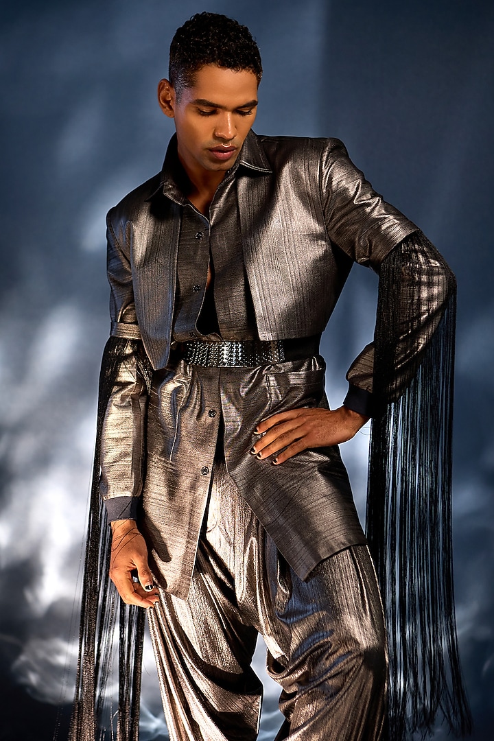 Metallic Silver Foil Pant Set by Kunal Anil Tanna at Pernia's Pop Up Shop