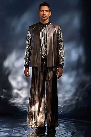 Metallic Silver Foil Indowestern Set by Kunal Anil Tanna