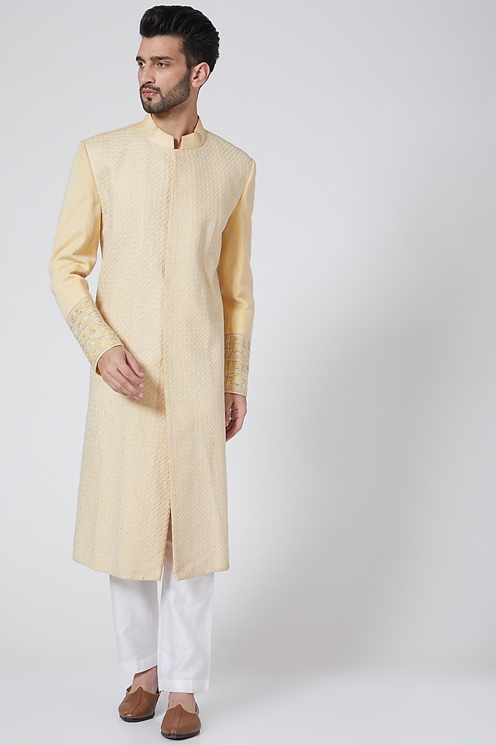 Ivory & Yellow Textured Sherwani Set by Kunal Anil Tanna