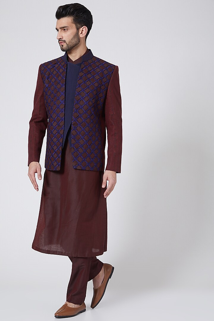 Maroon & Dark Blue Striped Bundi Jacket With Kurta Set by Kunal Anil Tanna