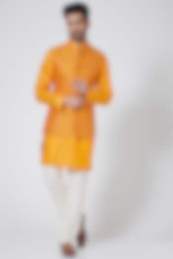 Mango Yellow Kasab Kurta Set With Bundi Jacket by Kunal Anil Tanna