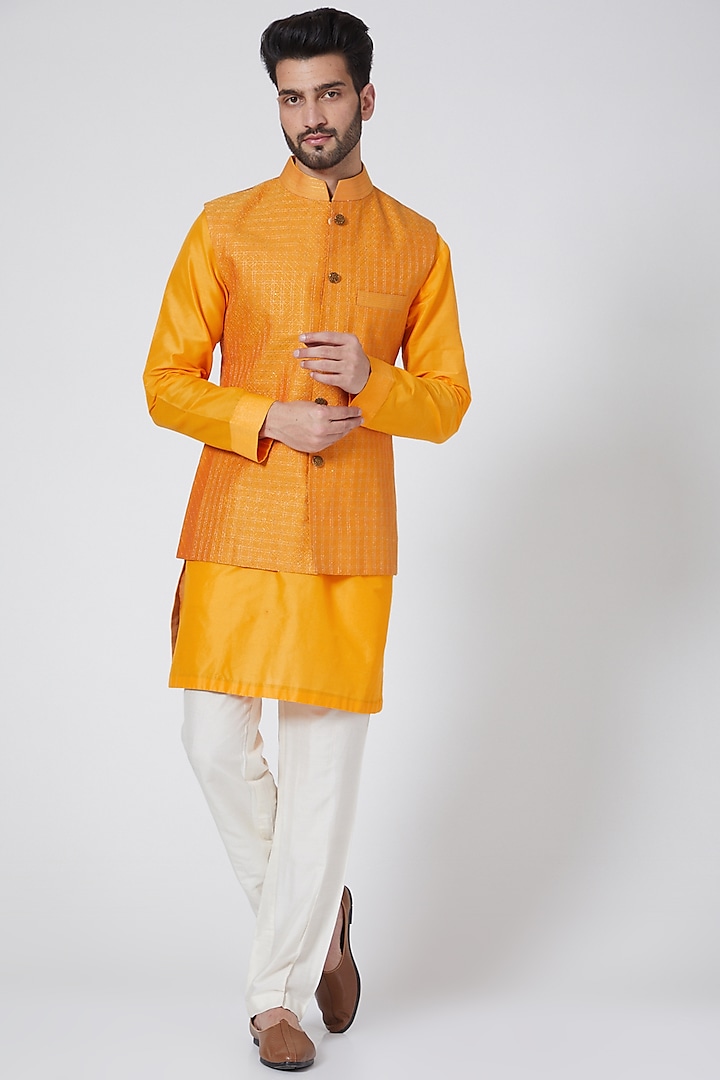 Mango Yellow Kasab Kurta Set With Bundi Jacket by Kunal Anil Tanna
