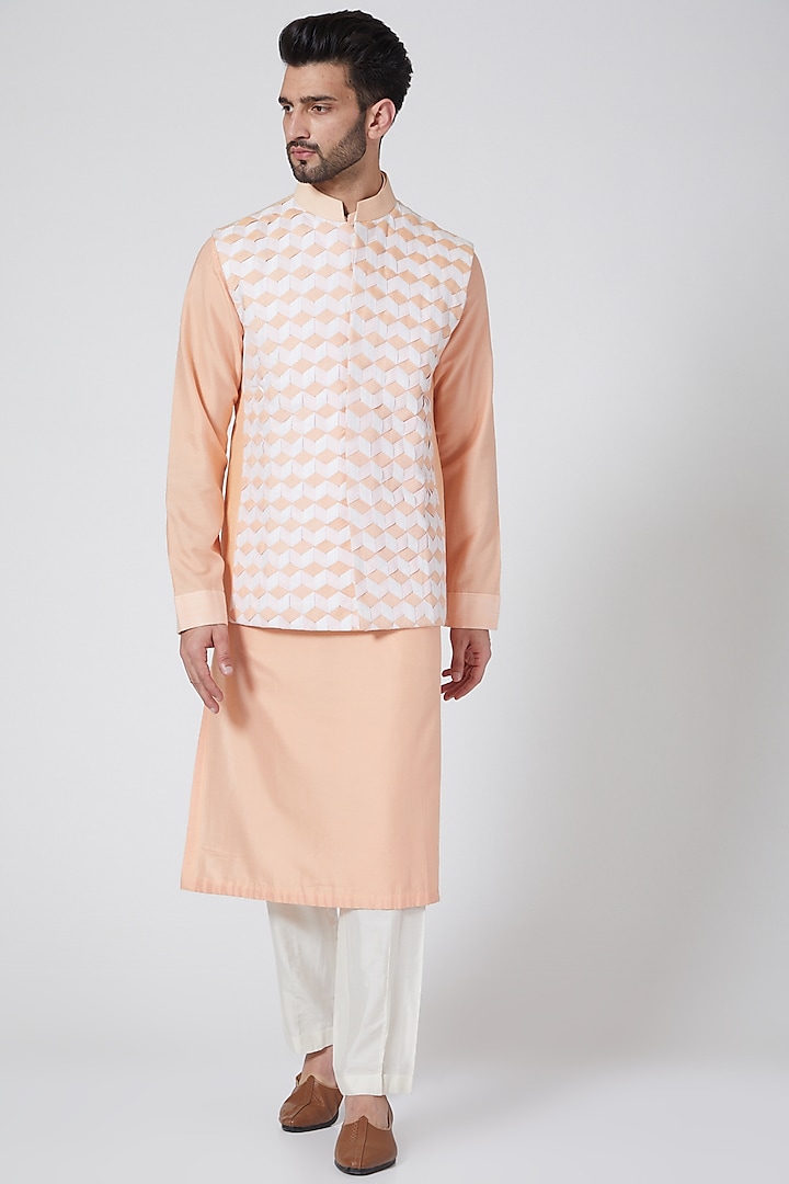 Light Peach Kurta Set With Bundi Jacket by Kunal Anil Tanna