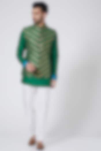 Green Striped Bundi Jacket With Kurta Set by Kunal Anil Tanna
