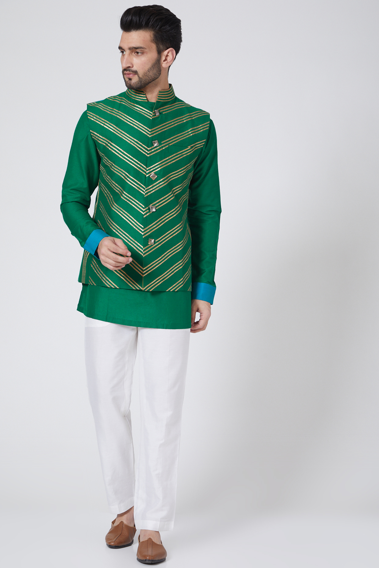 Green Striped Bundi Jacket With Kurta Set by Kunal Anil Tanna