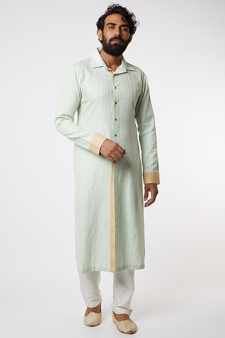 Light Blue Textured Shirt Kurta Set by Kunal Anil Tanna at Pernia's Pop Up Shop