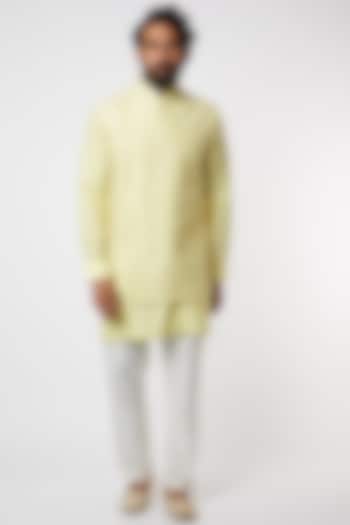 Light Yellow Spun Silk Overlap Bundi Jacket Set by Kunal Anil Tanna at Pernia's Pop Up Shop