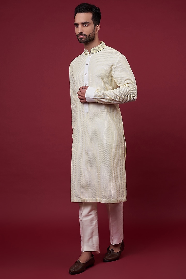 Off-White Cotton Silk Embroidered Kurta Set by Kunal Anil Tanna