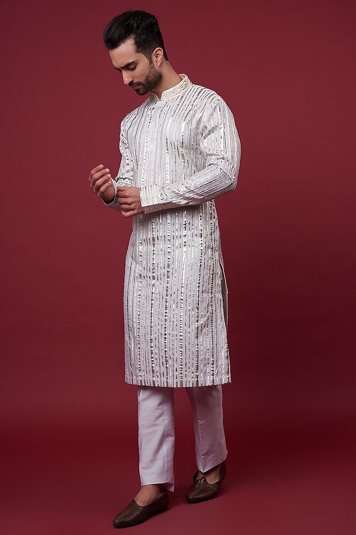 Lilac Cotton Silk Embroidered Kurta Set by Kunal Anil Tanna