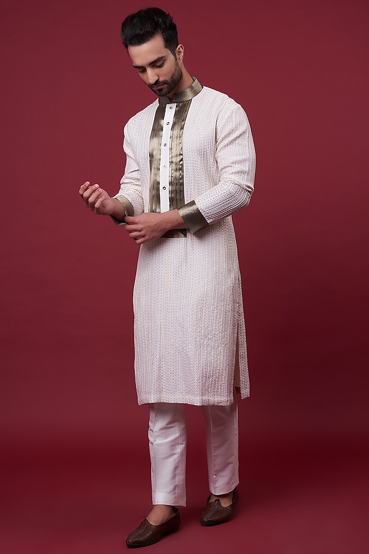 Off-White Cotton Silk Embroidered Kurta Set by Kunal Anil Tanna