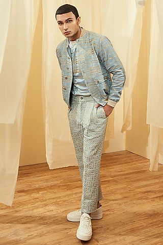 Blue Silk Foil Printed Bomber Jacket by Kunal Anil Tanna