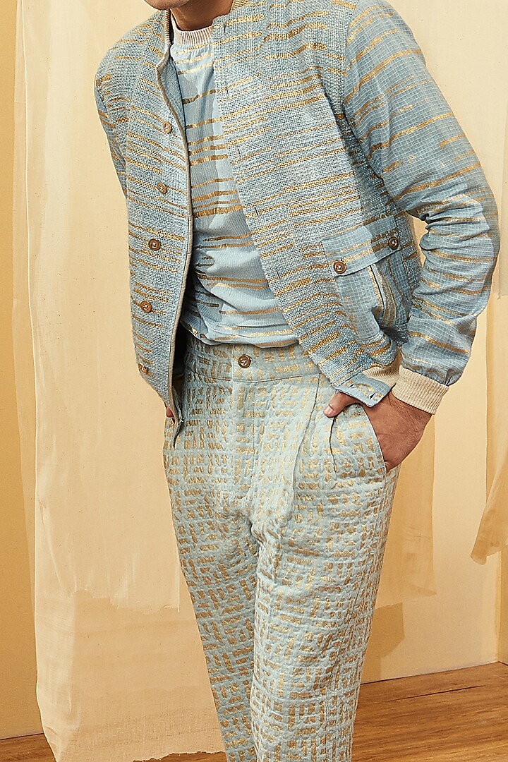 Blue Silk Foil Printed Bomber Jacket by Kunal Anil Tanna at Pernia's Pop Up Shop