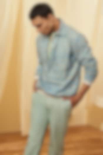 Blue & Green Mock Layered Wedding Shirt by Kunal Anil Tanna at Pernia's Pop Up Shop