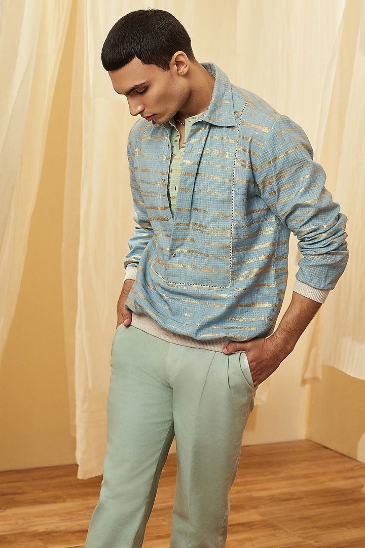 Blue & Green Mock Layered Wedding Shirt by Kunal Anil Tanna at Pernia's Pop Up Shop