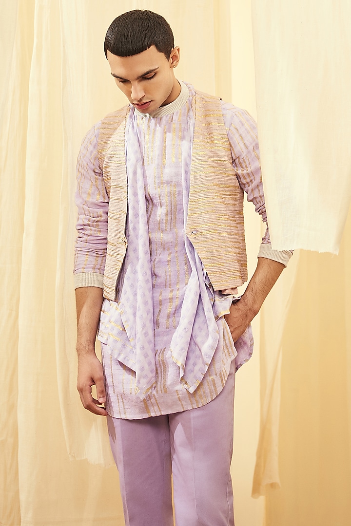 Oyster Beige Silk Waist Coat by Kunal Anil Tanna