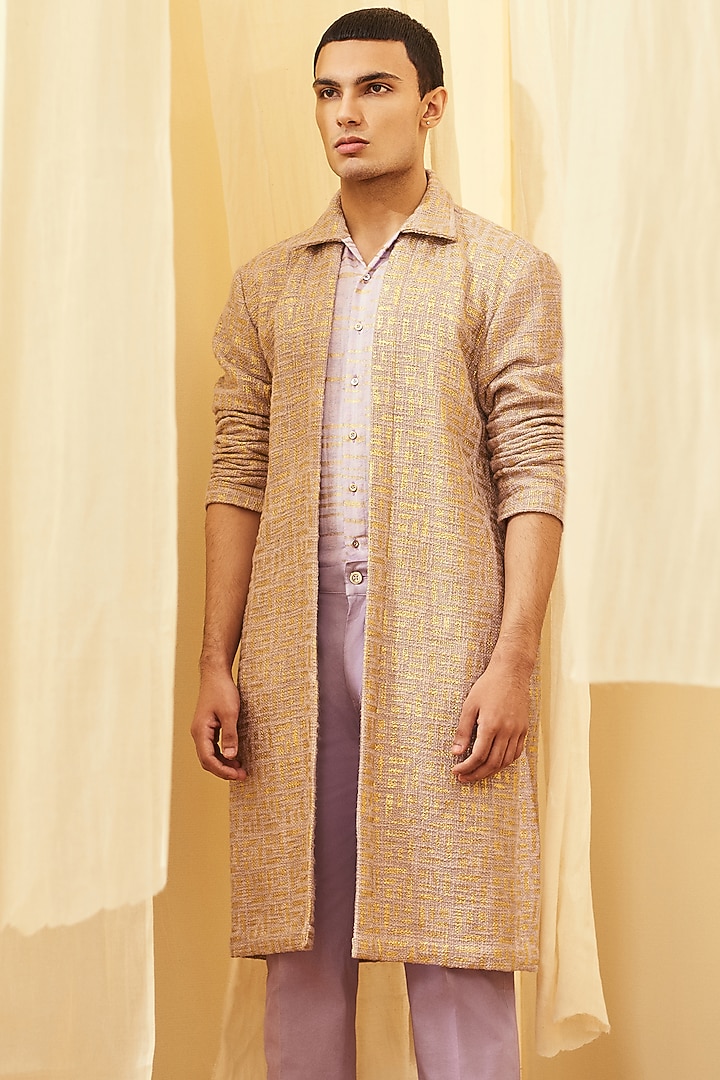Oyster Beige & Lilac Printed Shacket by Kunal Anil Tanna at Pernia's Pop Up Shop
