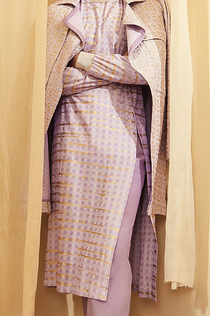 Lilac Silk Foil Print Pant Set by Kunal Anil Tanna at Pernia's Pop Up Shop