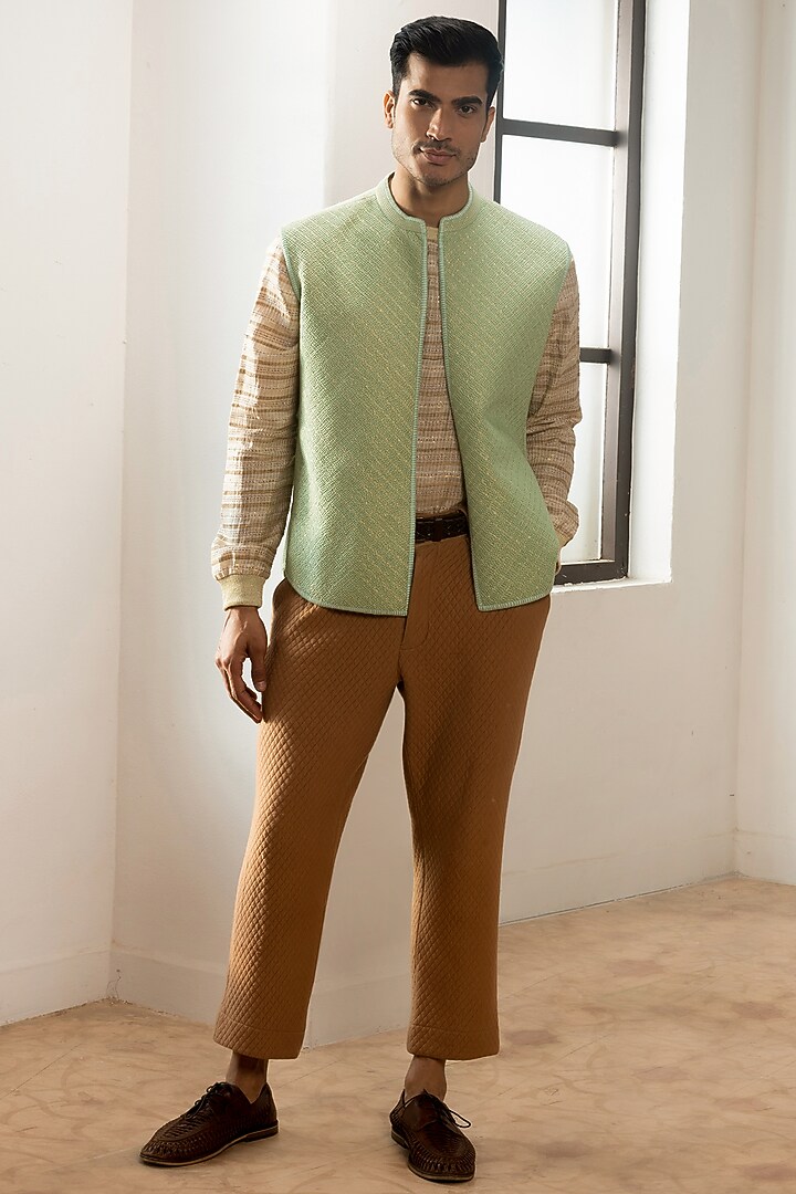 Sage Green Cotton Bundi Jacket by Kunal Anil Tanna at Pernia's Pop Up Shop