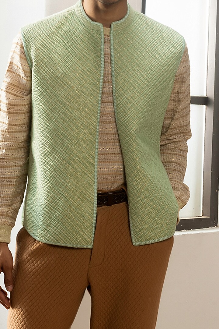 Sage Green Cotton Bundi Jacket by Kunal Anil Tanna at Pernia's Pop Up Shop