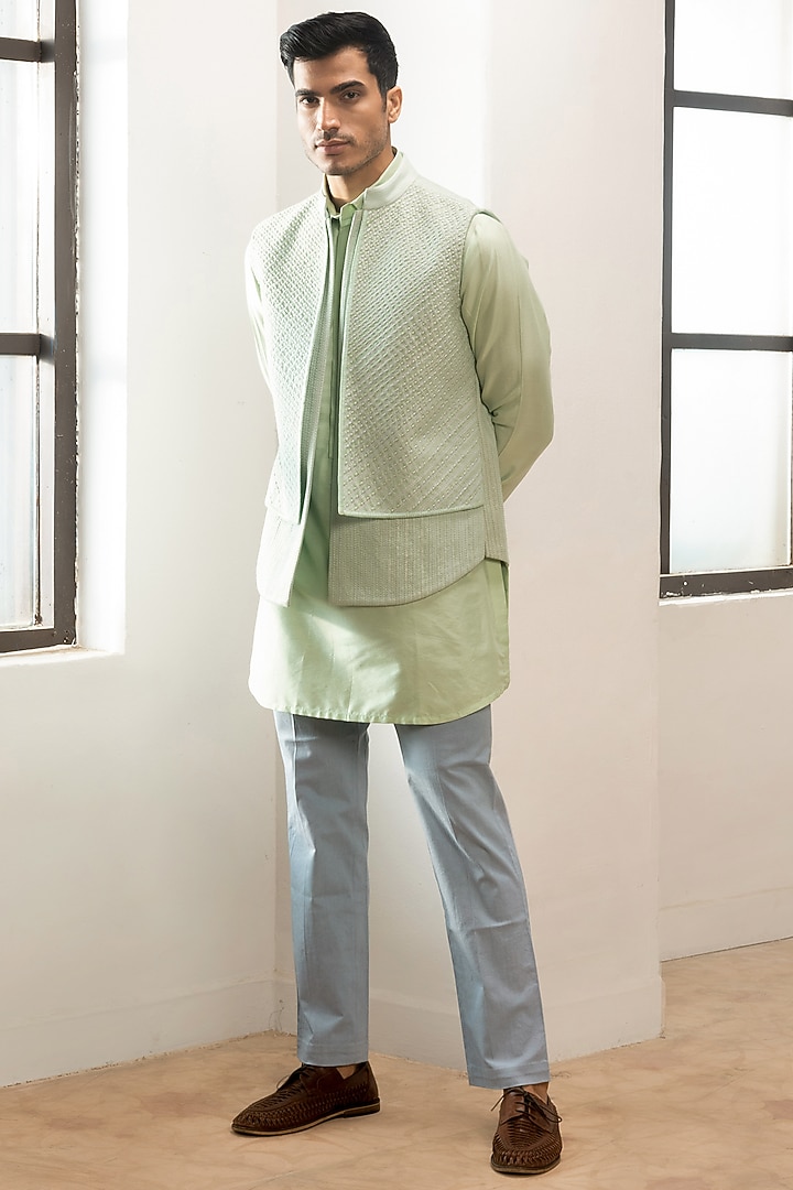 Light Green Cotton Bundi Jacket by Kunal Anil Tanna at Pernia's Pop Up Shop